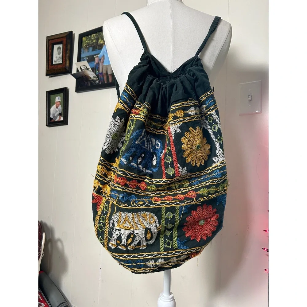 Boho Embroidered Elephant Drawstring Backpack Cotton Festival Hippie Tribal